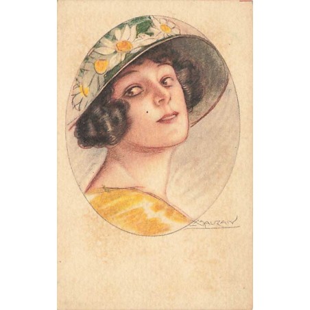 n°26858 - Illustrateur - L.A. Mauzan - Portrait d'une femme portant un chapeau avec des marguerites dans un médaillon
