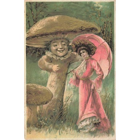 n°26862 - Fantaisie - Femme sous une ombrelle parlant à un champignon humanisé