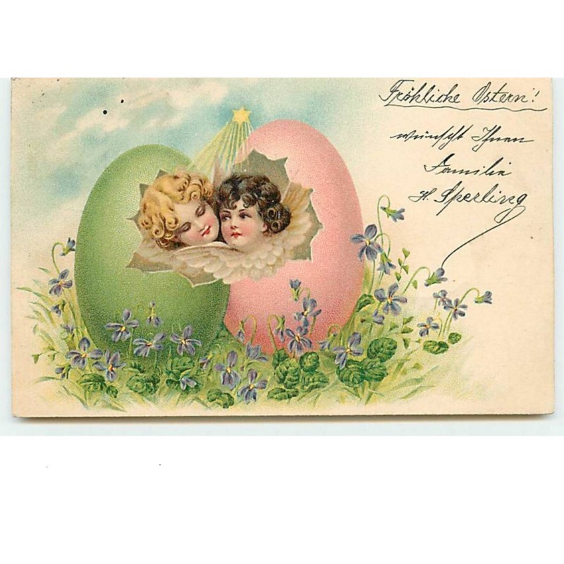 n°12927 - Frohliche Ostern - Deux têtes d'anges avec des oeufs