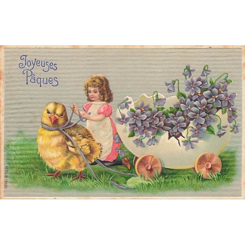 n°26865 - Carte Gaufrée - MSIB 13859 - Joyeuses Pâques - Fillette près d'un poussin, tirant un oeuf rempli de violettes