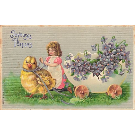 n°26865 - Carte Gaufrée - MSIB 13859 - Joyeuses Pâques - Fillette près d'un poussin, tirant un oeuf rempli de violettes