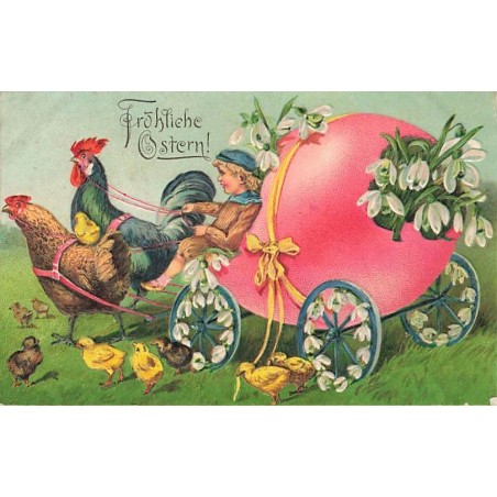 n°26867 - Carte Gaufrée - Fröhliche Ostern - Garçon près d'un oeuf tirée par un coq et une poule
