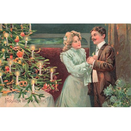 n°26868 - Carte Gaufrée - 6457 - Fröhliche Weihnachten - Couple près d'un sapin décoré
