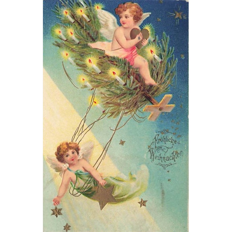 n°26869 - Carte Gaufrée - Clapsaddle - Fröhliche Weihnachten - Anges, un assis sur un sapin, l'autre dans balancçoire