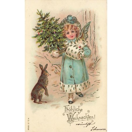 n°26871 - Carte Gaufrée - MSIB 13168 - Fröhliche Weihnachten - Fillette apportant un sapin, près d'un lièvre