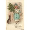 n°26871 - Carte Gaufrée - MSIB 13168 - Fröhliche Weihnachten - Fillette apportant un sapin, près d'un lièvre