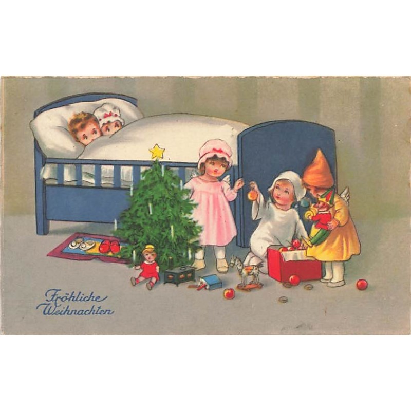 n°26873 - Fröhliche Weihnachten - Enfants dans un lit, regardant des anges décorant un sapin