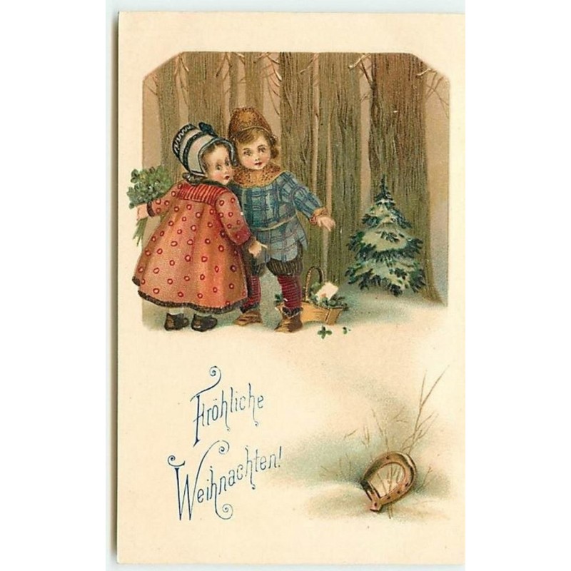 n°12929 - Carte Gaufrée - Fröhliche Weihnachten - Enfants dans la forêt