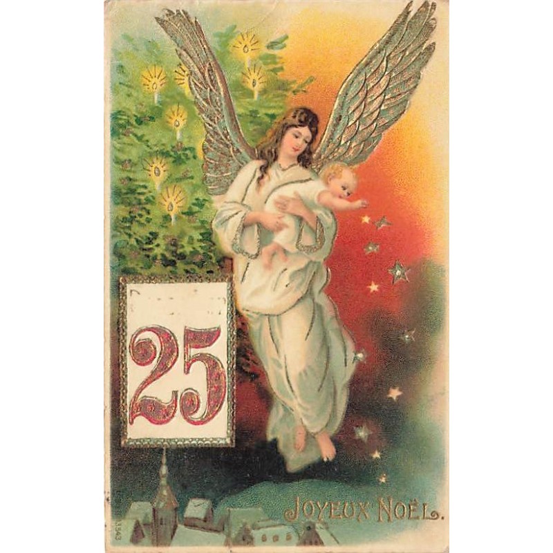 n°26875 - Carte Gaufrée - MSIB 13543 - Joyeux Noël - Ange gardien portant un nouveau-né lançant des étoiles