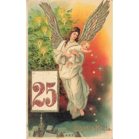 n°26875 - Carte Gaufrée - MSIB 13543 - Joyeux Noël - Ange gardien portant un nouveau-né lançant des étoiles