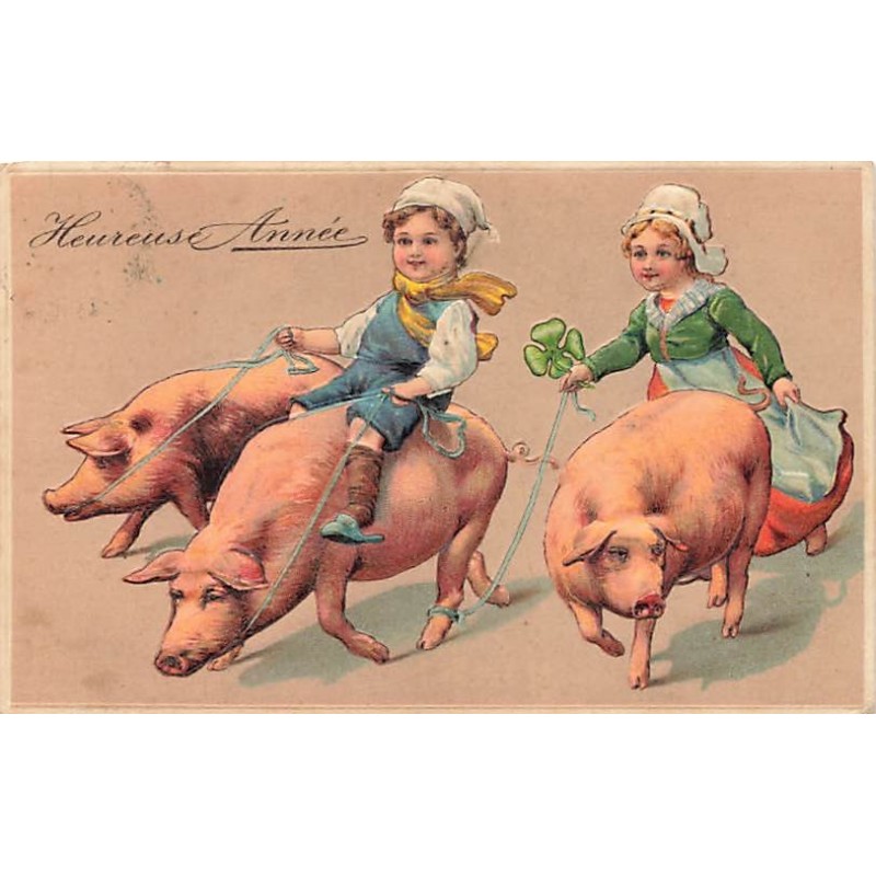 n°26879 - Carte Gaufrée - serie 6174 - Heureuse Année - Couple sur le dos de cochons