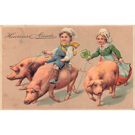 n°26879 - Carte Gaufrée - serie 6174 - Heureuse Année - Couple sur le dos de cochons