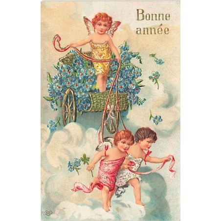 n°26881 - Carte Gaufrée - Bonne Année - Anges, l'un dans un char rempli de myosotis, tiré par deux autres