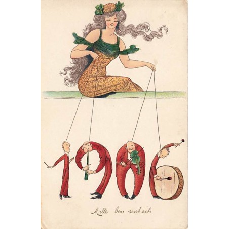 n°26883 - Nouvel An - 1906 - Femme jouant avec des hommes marionnette, jouant de la musique - surréalisme