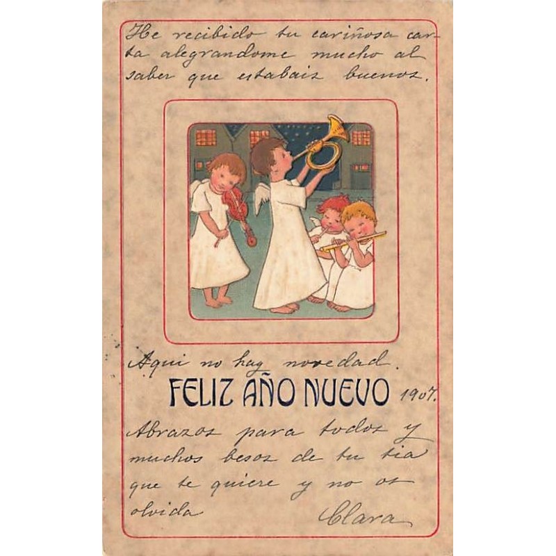 n°26884 - Carte Gaufrée - Nouvel An - Feliz ano Nuevo - Anges jouant de la musique