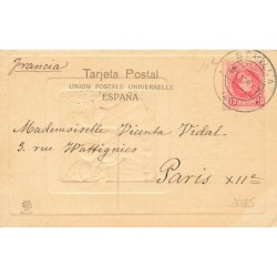 n°26885 - Carte Gaufrée - Nouvel An - Te deseo muchas felicidades - Anges apportant un sapin, des pommes