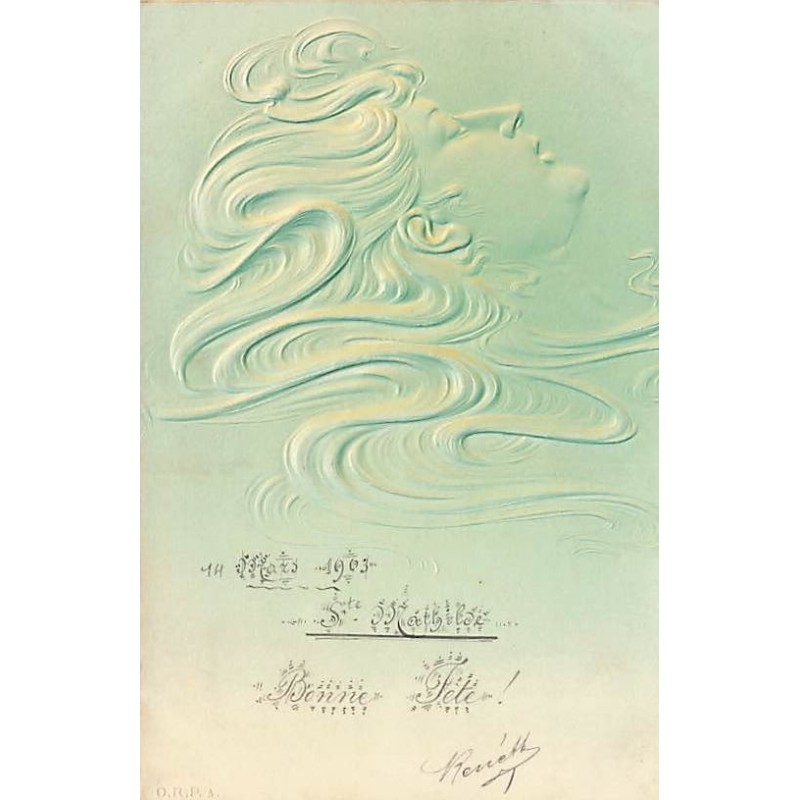 n°26886 - Carte en relief - Bonne Fête - Profil d'une femme avec des cheveux longs - Art Nouveau