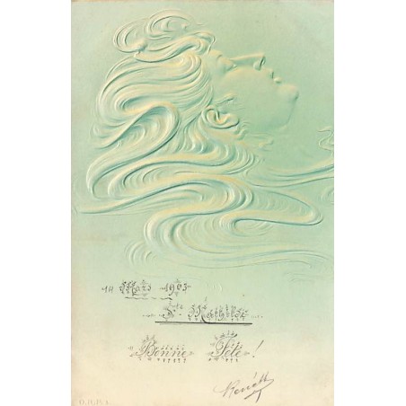 n°26886 - Carte en relief - Bonne Fête - Profil d'une femme avec des cheveux longs - Art Nouveau