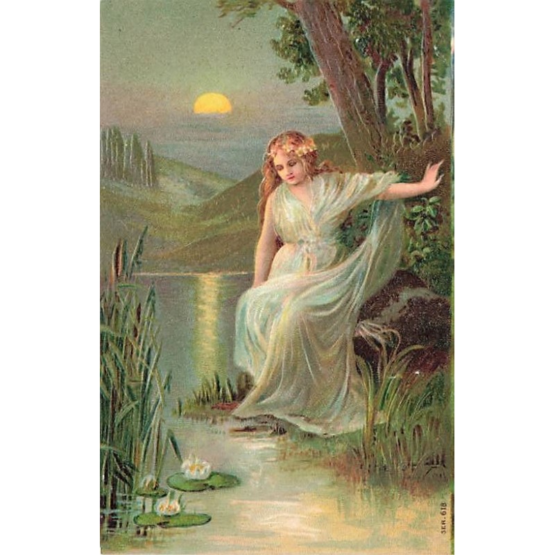 n°26888 - Carte Gaufrée - ser. 618 - Jeune femme au bord de l'eau, et de nénuphar