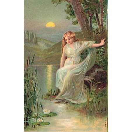 n°26888 - Carte Gaufrée - ser. 618 - Jeune femme au bord de l'eau, et de nénuphar