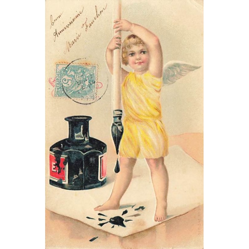n°26891 - Carte Gaufrée - Ange tenant une plume remplie d'encre