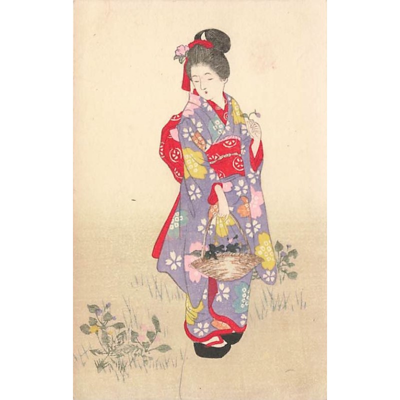n°26901 - Japon - Femme en kimono dans un pré - Geisha
