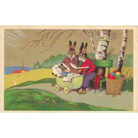 n°26905 - Style Baumgarten - Joyeuses Pâques - Couple de lièvre donnant un biberon - Animaux habillés