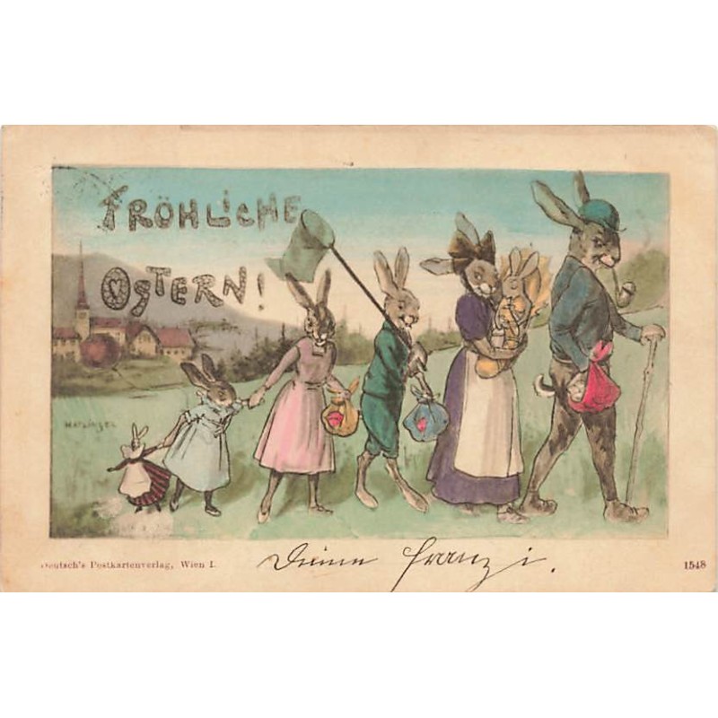 n°26906 - Pâques - Fröhliche Ostern - Famille de lièvres se promenant - Animaux habillés