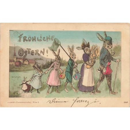 n°26906 - Pâques - Fröhliche Ostern - Famille de lièvres se promenant - Animaux habillés