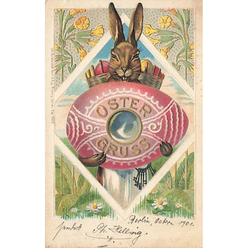 n°26907 - Carte Gaufrée - Oster Gruss - Lièvre portant un oeuf et un trousseau de clés - Animaux habillés