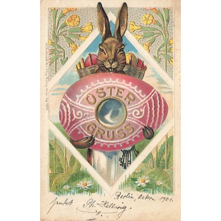 n°26907 - Carte Gaufrée - Oster Gruss - Lièvre portant un oeuf et un trousseau de clés - Animaux habillés