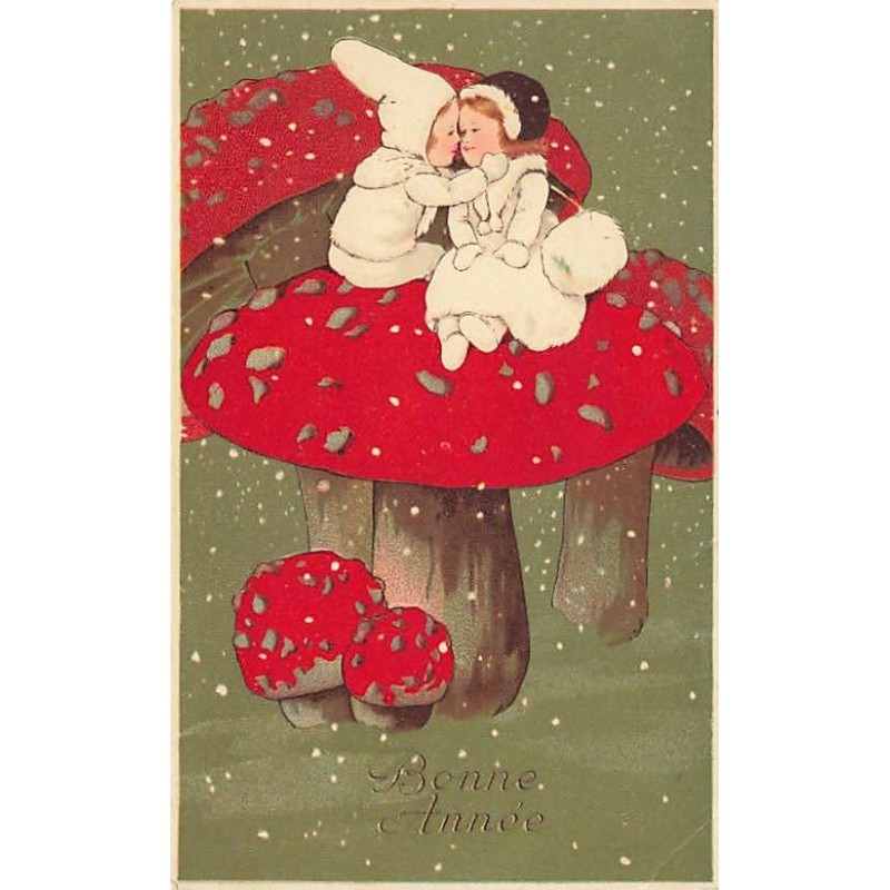 n°26908 - Nouvel An - Bonne Année - Couple d'enfants s'embrassant sur un champignon