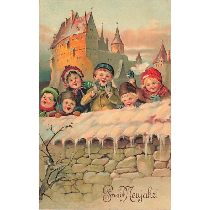 n°26911 - Carte Gaufrée - Nouvel An - Prosit Neujahr - Enfants en haut d'un mur
