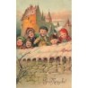 n°26911 - Carte Gaufrée - Nouvel An - Prosit Neujahr - Enfants en haut d'un mur