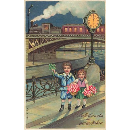 n°26913 - Carte Gaufrée - Nouvel An - MSIB 14159 - Enfants sur un quai à minuit - Train