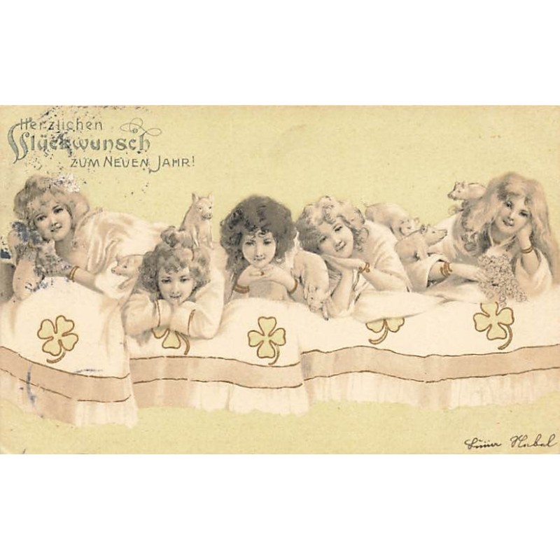 n°26914 - Nouvel An - Jeunes filles allongées avec des petits cochons