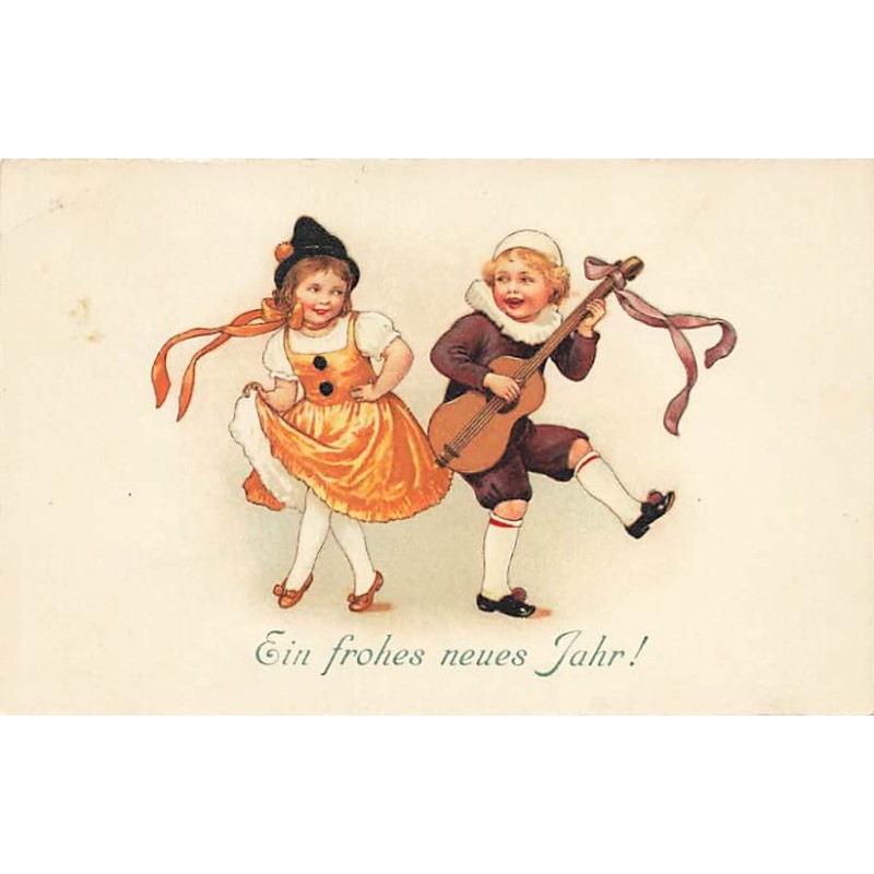 n°26915 - Nouvel An - Style Flatscher - Couple dansant, le garçon jouant de la guitare
