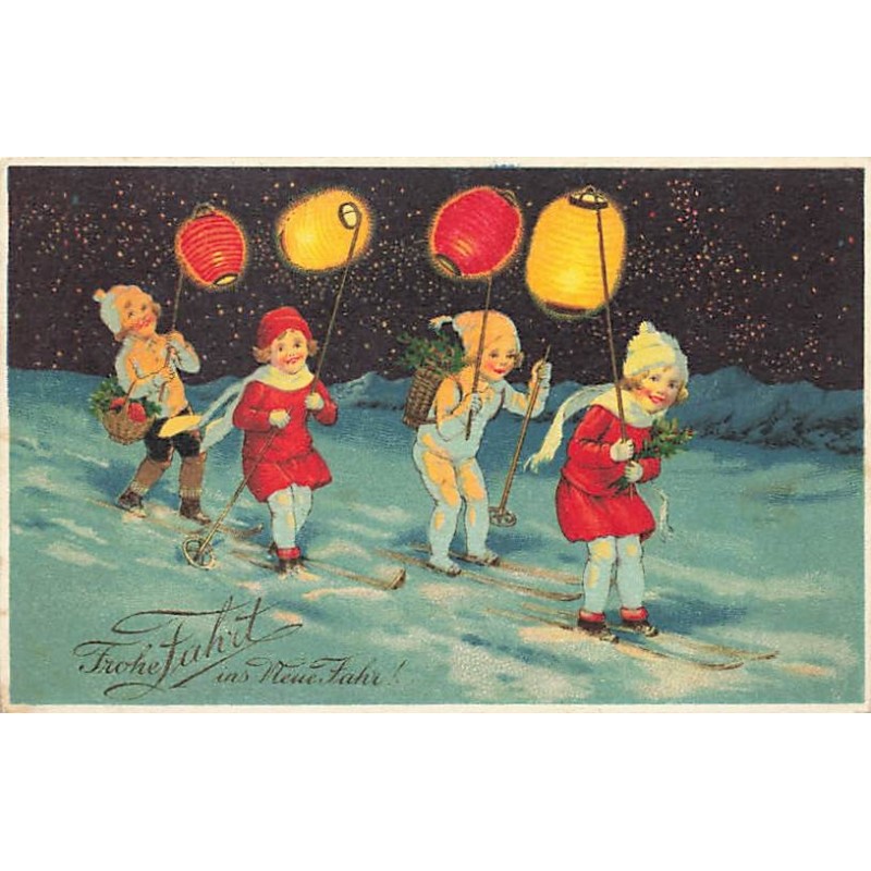 n°26917 - Nouvel An - Flatscher - Enfants sur des skis tenant des lampions