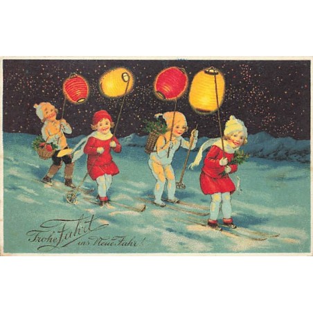 n°26917 - Nouvel An - Flatscher - Enfants sur des skis tenant des lampions