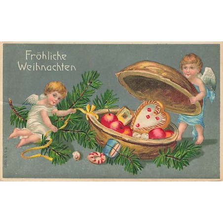 n°26918 - Carte Gaufrée - MSIB 13917 - Fröhliche Weihnachten - Anges ouvrant une noix remplie de pommes, et de coeur