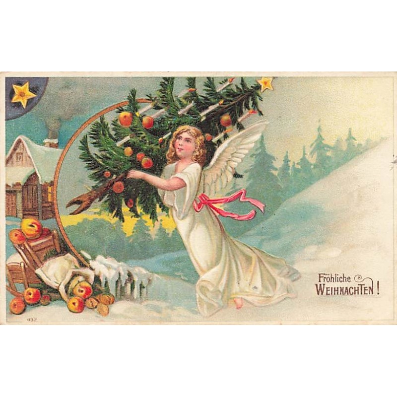 n°26919 - Carte Gaufrée - Fröhliche Weihnachten - Ange Gardien près d'une maison apportant un sapin