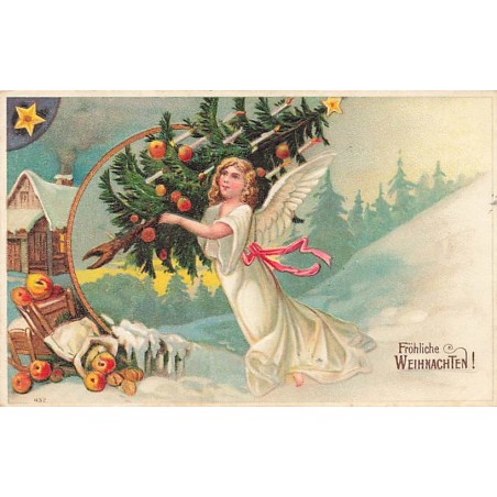 n°26919 - Carte Gaufrée - Fröhliche Weihnachten - Ange Gardien près d'une maison apportant un sapin