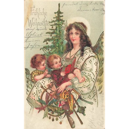 n°26920 - Carte Gaufrée - Fröhliche Weihnachten - Ange Gardien portant un enfant lisant et des jouets