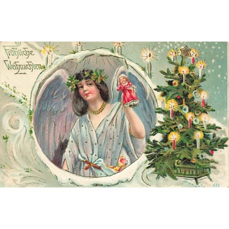 n°26921 - Carte Gaufrée - Fröhliche Weihnachten - Ange Gardien portant une poupée