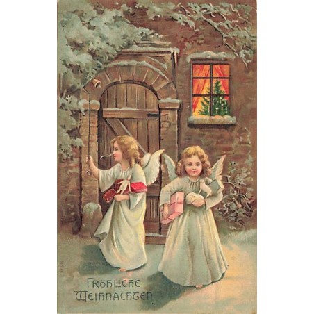 n°26922 - Carte Gaufrée - Fröhliche Weihnachten - Anges apportant des cadeaux et sonnant à une porte