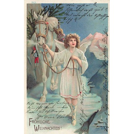 n°26923 - Carte Gaufrée - Fröhliche Weihnachten - Ange tenant un cheval portant des cadeaux et un sapin