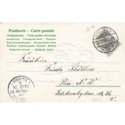 n°26923 - Carte Gaufrée - Fröhliche Weihnachten - Ange tenant un cheval portant des cadeaux et un sapin