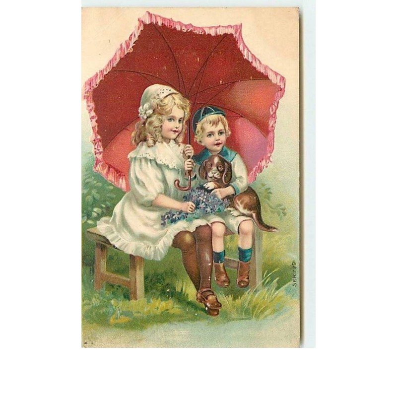 n°12939 - Carte Gaufrée - Enfants sous une ombrelle avec un chien