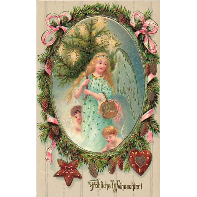 n°26926 - Carte Gaufrée - Fröhliche Weihnachten - Anges gardien portant un sapin dans un médaillon