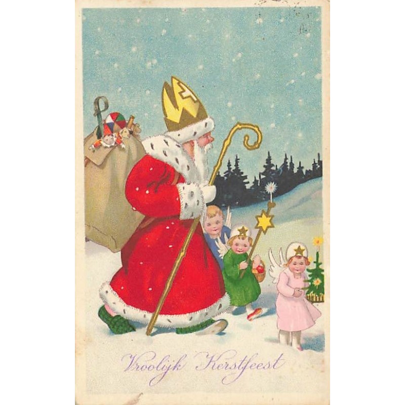 n°26932 - Noël - Vroolÿk Kerstfeest - Anges autour du Père Noël marchant avec son bâton